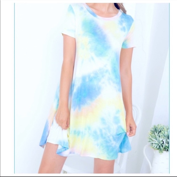 BOHO Pink Blue Tie Dye Riund Neckline Shirt Dress - Picture 1 of 4